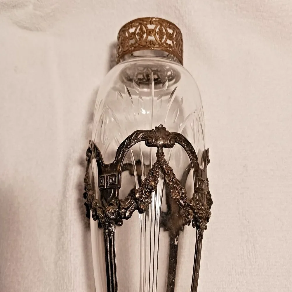 Vintage  Art Nouveau vase features a cut crystal insert floral garland holder